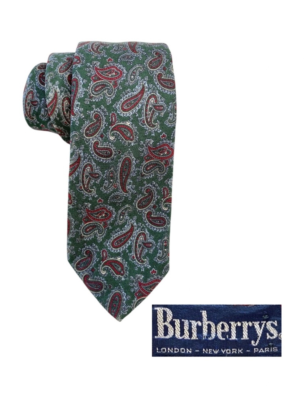 Burberrys Vintage Wool Paisley Necktie Green Burgundy 3" Tie Sharp Dressed Man